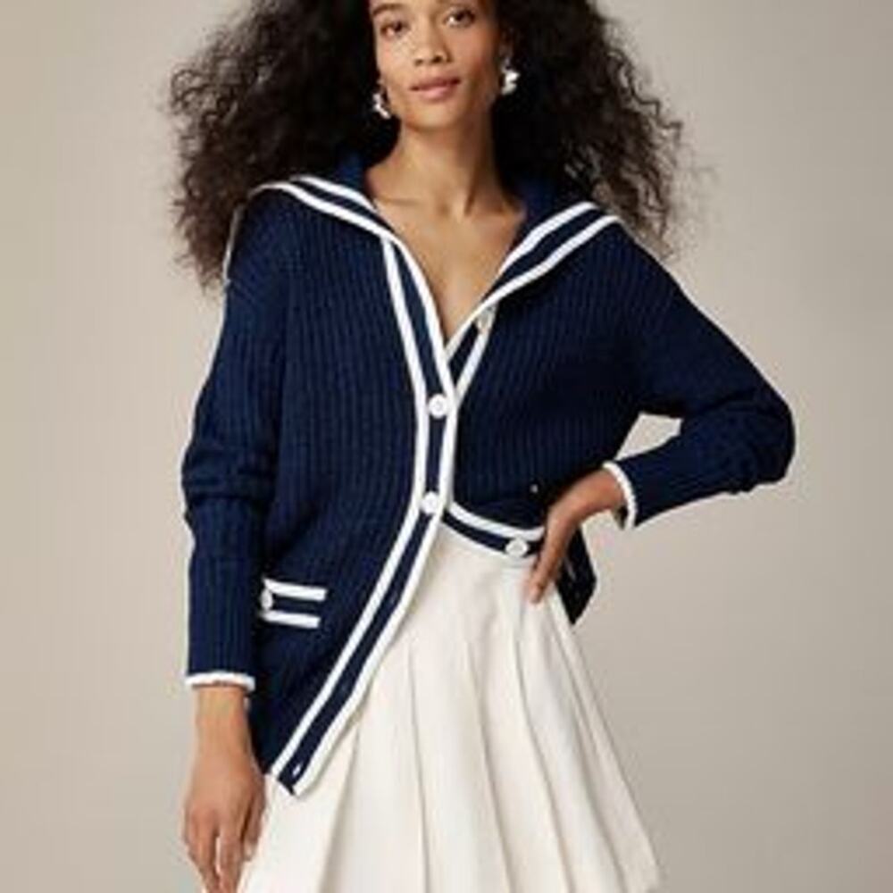 J.CREW Sailor-Collar Chunky Knit Oversized Fit Cardigan Navy/White XL